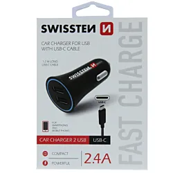 Swissten Auto punjač 2 x USB2.4A + USB-C